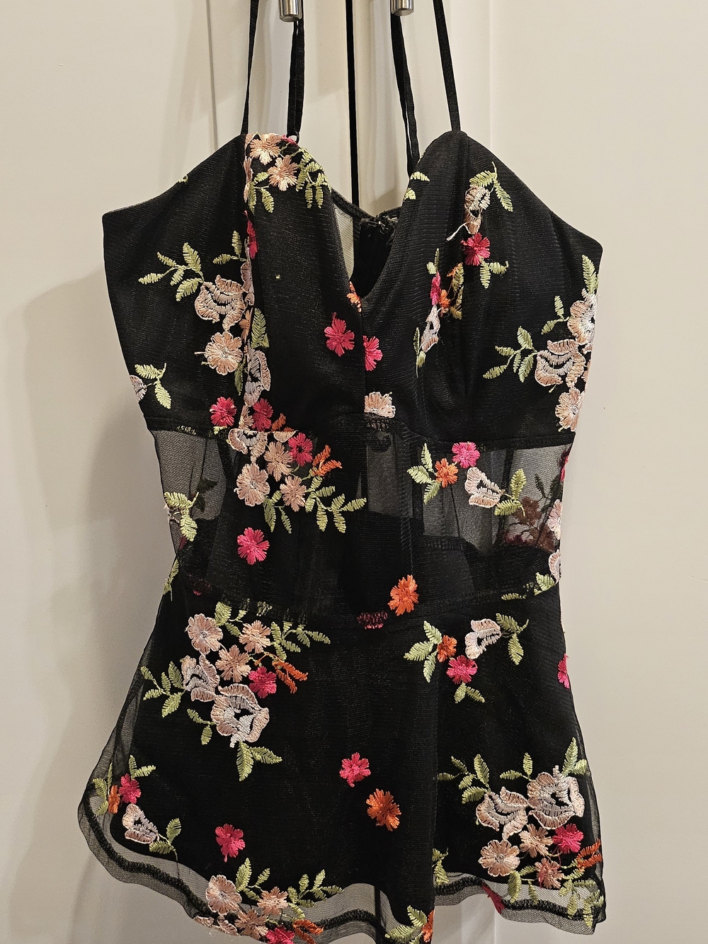 Black Floral Embroidered Mesh Cami Romper
